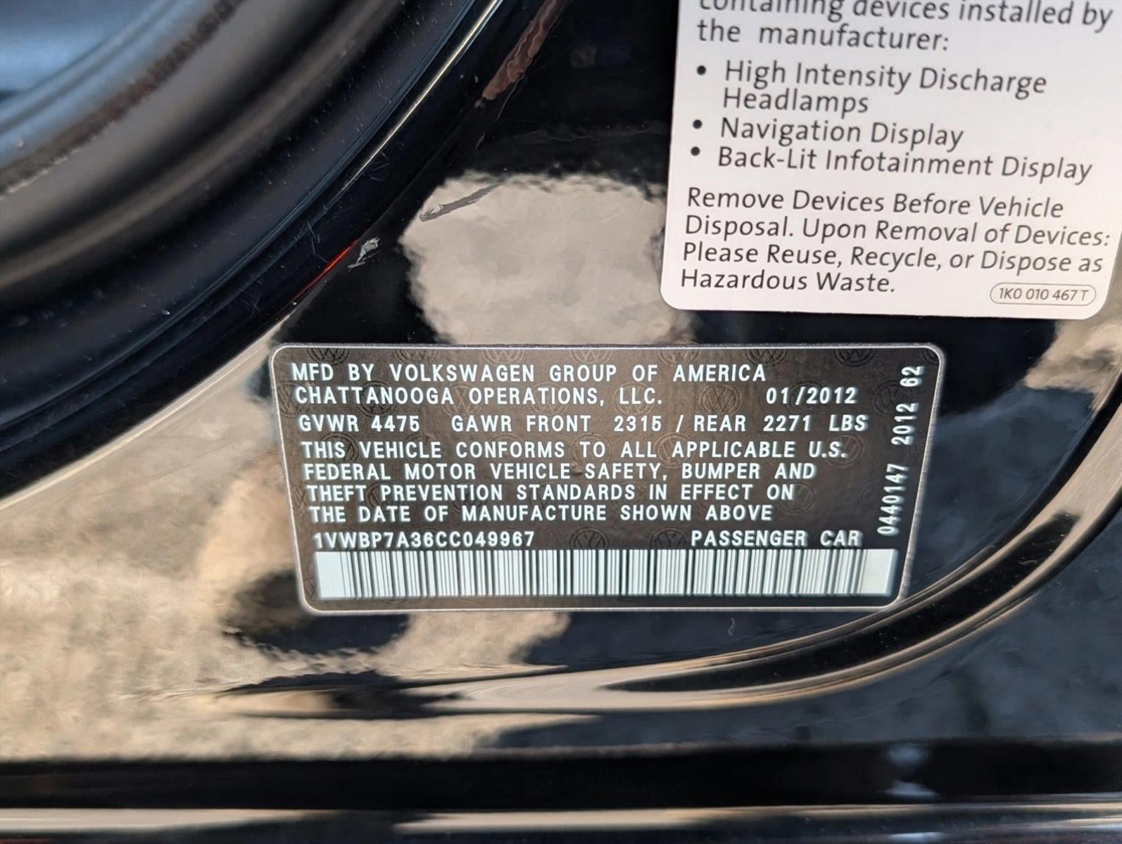 2012 Volkswagen Passat 4dr Sdn 2.5L Manual SE PZEV